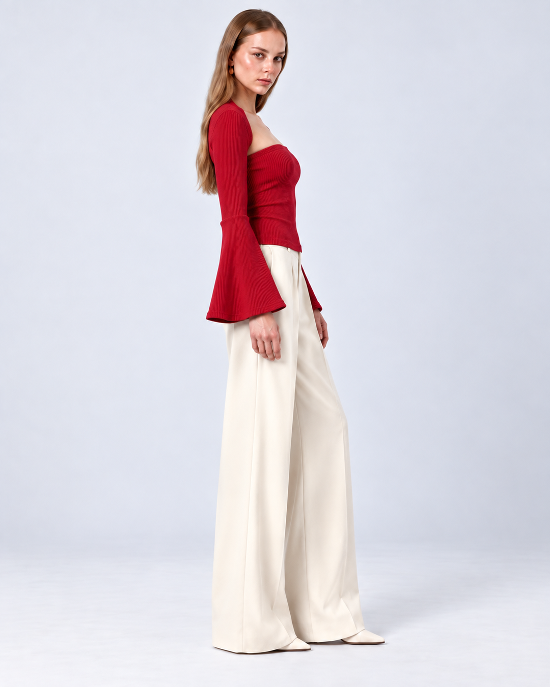 VANESSA Knit Flare Sleeve Top Red