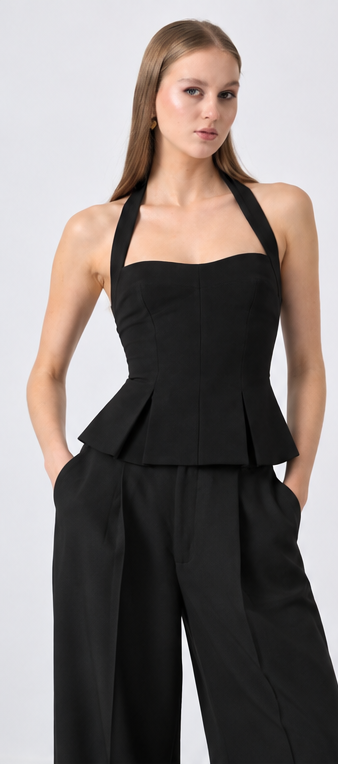 RHYLEE BLACK HALTER PEPLUM TOP