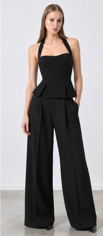 RHYLEE BLACK HALTER PEPLUM TOP