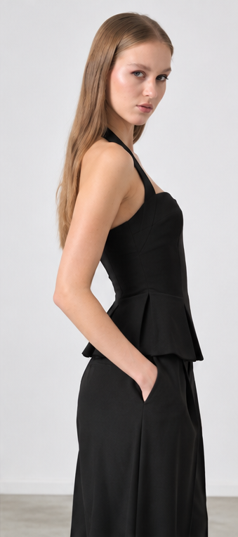 RHYLEE BLACK HALTER PEPLUM TOP