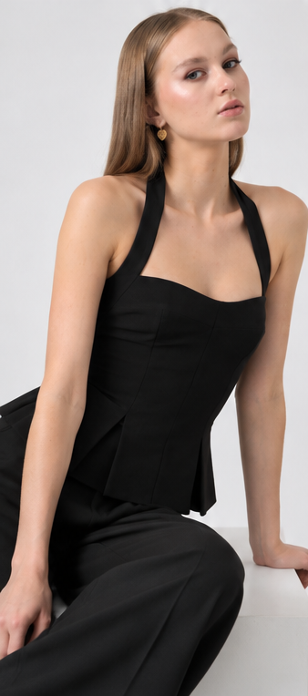RHYLEE BLACK HALTER PEPLUM TOP