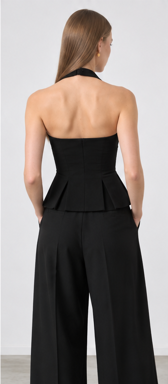 RHYLEE BLACK HALTER PEPLUM TOP