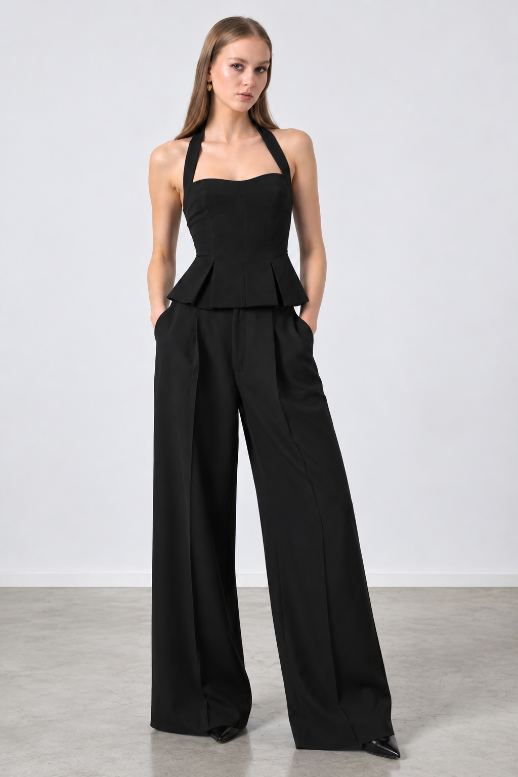 RHYLEE BLACK HALTER PEPLUM TOP