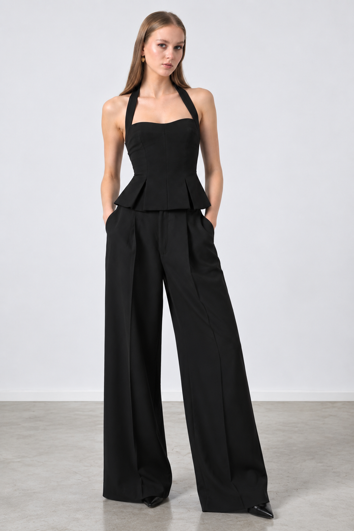 RHYLEE BLACK HALTER PEPLUM TOP