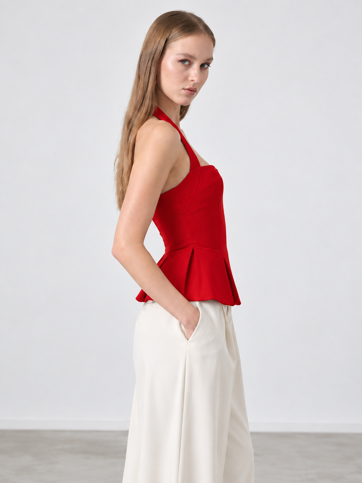RHYLEE RED HALTER PEPLUM TOP