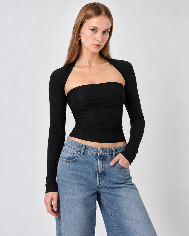 CIRCE Black Jersey Top with Bolero Sleeves