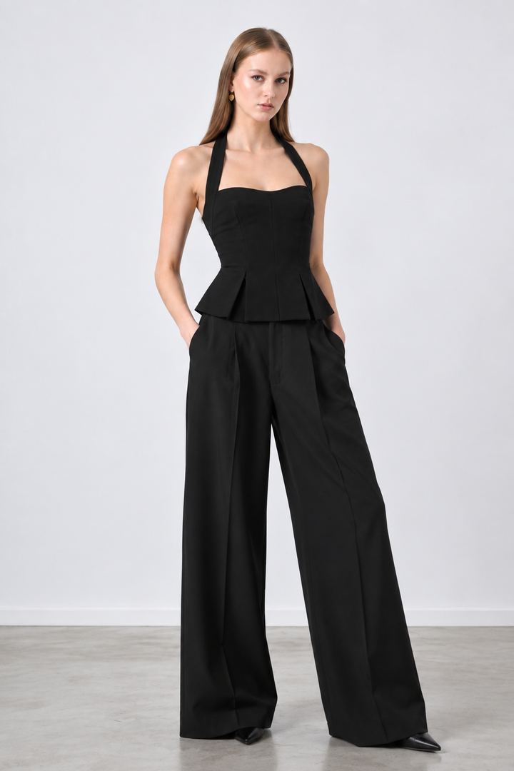 RHYLEE BLACK HALTER PEPLUM TOP
