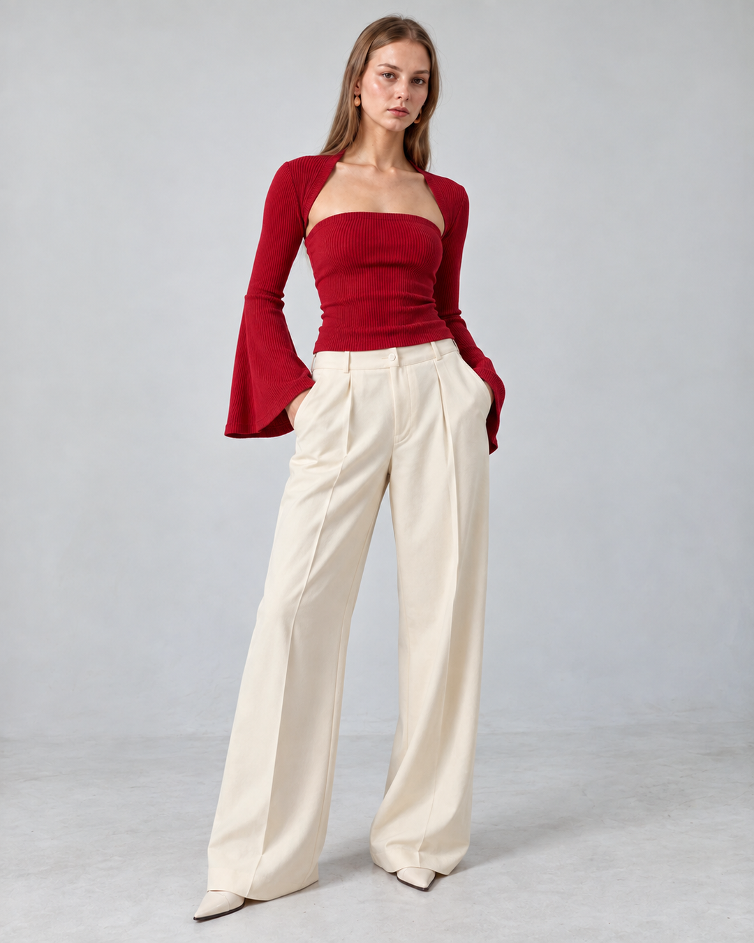 VANESSA Knit Flare Sleeve Top Red