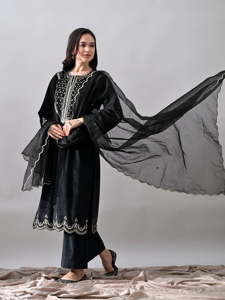 Suhana Embroidered Velvet Kurta Set (Black)