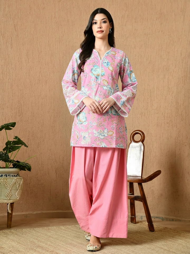 Paki, Floral Printed Kurta Set (Light Pink)